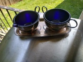 Silver Sugar Bowl Creamer Under Tray W/Cobalt Blue Glass Liner Set English - £6.27 GBP