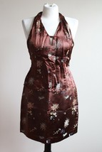 Vtg Hennes 40 Brown Embroider Asian Floral Satin Skirt Halter Top Suit Set - £26.89 GBP