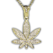 Small Iced CZ Marijuana Pendant 14k Gold Plated Weed 24&quot; Rope Chain Necklace - £8.01 GBP