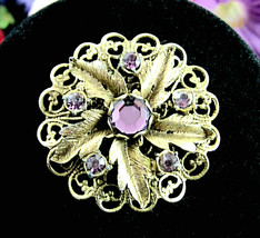 Purple Pinwheel Petals Pin Rhinestone Flower Brooch Vintage Goldtone Lacy 1 5/8&quot; - £11.98 GBP