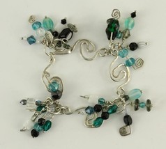 Artisan Jewelry Hand Crafted Wire Aqua Teal Glass Beaded 7.5&quot; Long Bracelet - £16.89 GBP