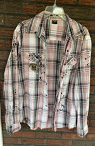 FLDR Collection Long Sleeve Shirt XXL Snap Front Cotton Top Plaid Graffi... - $7.60