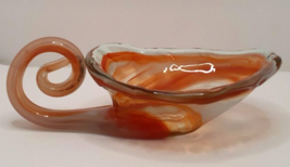 Stretched Orange White and Clear Glass Bowl w/Swirl Handle Vintage - £14.90 GBP