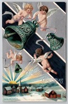 Christmas Cherubs with Bells Skies Above Snow Covered Church Town Postcard Z25 - £5.55 GBP