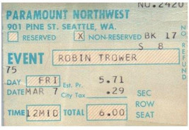 Biglietto Vintage Di Robin Trower 7 Marzo 1975 Seattle Washington - £39.02 GBP