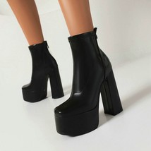 Women Ankle Boots Platform Square High Heel Ladies Short Boots PU Leather Round  - £72.84 GBP