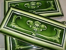 Set of 3 Relief Molded Green Original period antique tiles Art Nouveau M... - £129.35 GBP