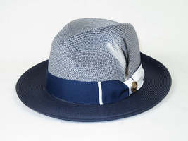 Men's Milani Straw Braided Fedora Hat Soft Crushable FDS-006 Navy/White image 3