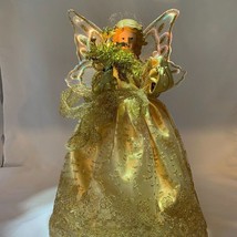 Vintage Fiber Optic Tree Topper Lighted Gold Angel Figure Christmas Shelf Decor - £17.51 GBP