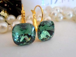 Swarovski Earrings, Erinite Green, Crystal, 12mm, 4470, Cushion Cut, Leverback G - £22.38 GBP