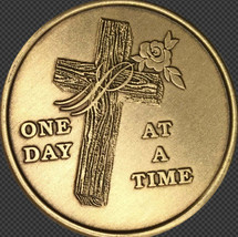 Bulk Roll Of 25 Wood Cross With Rose One Day At A Time Medallion Sobriety Chip A - £36.18 GBP