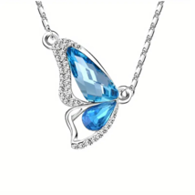 Elegant Silvertone Sea Blue Butterfly Pendant Necklace - New - $14.99