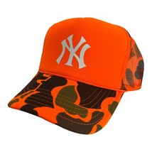 New York Nyc Ny Orange Camo Hat 5 Panel High Crown Trucker Snapback Vtg - £18.69 GBP
