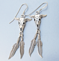 Sterling Silver Native Southwestern Cow Skull Feather Vintage Dangle Ear... - $22.72