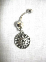 New Celestial Sun W Face &amp; Solar Flare Flames Pewter Charm Clear Cz Belly Ring - £4.78 GBP