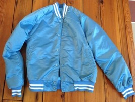 Vintage USA Made Shiny Blue Letterman College Sports Quilt Lined Jacket S - £23.42 GBP