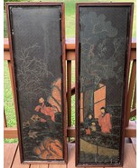 Pair Antique Chinese Lacquered Panels 19th Century Shanghai Carved Lacquer - £440.12 GBP