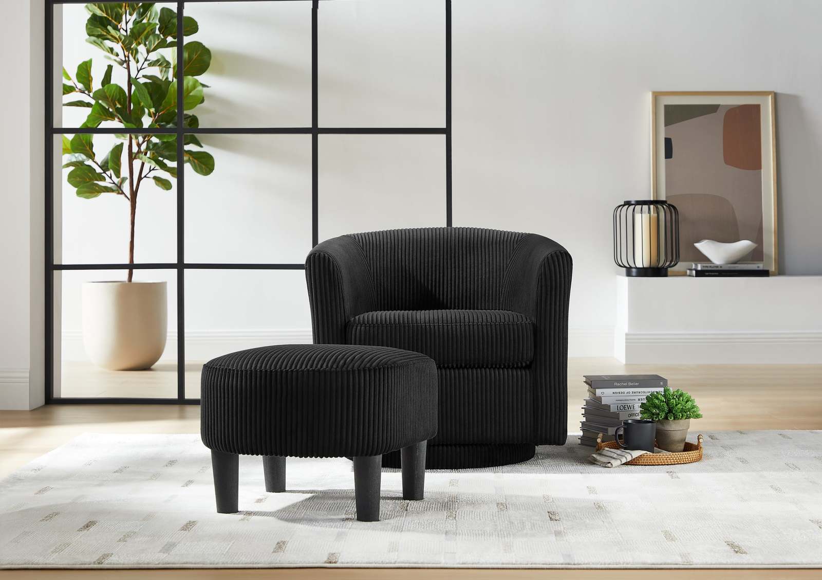 Black Corduroy 360° Swivel Accent Recliner Chair with Ottoman Item image 3