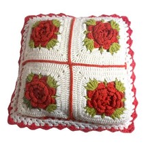 Granny Square 3d Flower Throw Pillow Cottage Country Core Roses Red 14” Square - £37.36 GBP