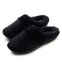 Women&#39;s Velour Black Slippers Memory Foam Clog Quilted Faux Fur Collar - L - £31.23 GBP