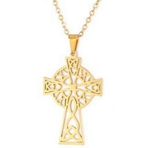 Celtic Cross Necklace Gold PVD Plated Stainless Steel Trinity Crucifix Amulet - £13.61 GBP