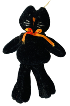 Halloween Ornament Plush Black Velvet Cat w/ Orange Ribbon Bow Embroider... - £7.80 GBP