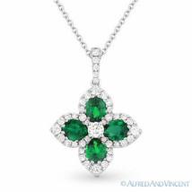 1.54ct Emerald &amp; Diamond Pave Necklace 18k White Gold Flower Pendant &amp; 14k Chain - £2,475.65 GBP
