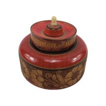 Vintage Turned Treen Box Round Wood Carved Box w Lid  RED Floral Trinket... - $129.55 MXN