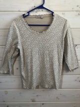 Fresh Produce Tan White Fan Print Ruffle Edge 3/4 Sleeve Cotton Shirt SZ Small - £7.00 GBP