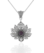 Filigree Art Silver Lotus Flower Amethyst Gemstone Women Pendant Necklace - $37.99