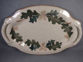 Studio Art Pottery Platter with Green Leaf Design Sturdy Rustic 13&quot; x 9&quot;. - £10.04 GBP