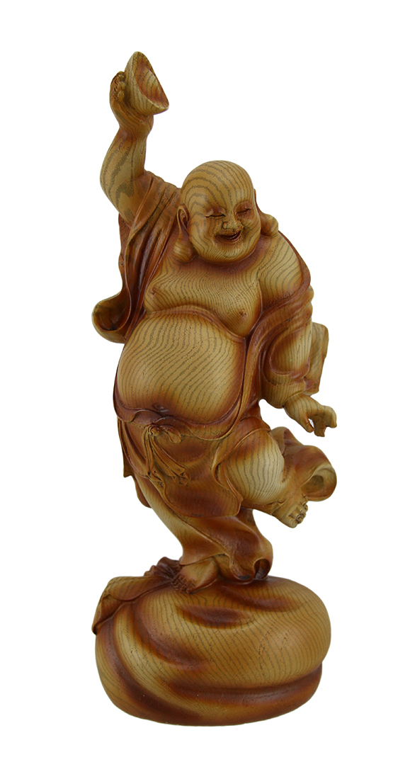 Primary image for Scratch & Dent Happy Buddha Dancing On Wealth Bag Holding Bowl Wood Look Statue
