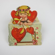 Vintage Valentine Card Cutout Stand Up Girl Blonde Hair Flower Wreath UN... - $7.99
