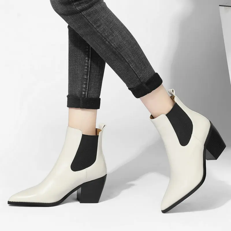  Heel Pointed Toe Chelsea Boots Woman   Leather Ankle Boots White Brown Black Sh - £240.90 GBP