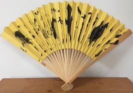 Vintage Abstract Painted Art Yellow Black Bamboo Paper Fold Out Fan Chin... - £47.18 GBP