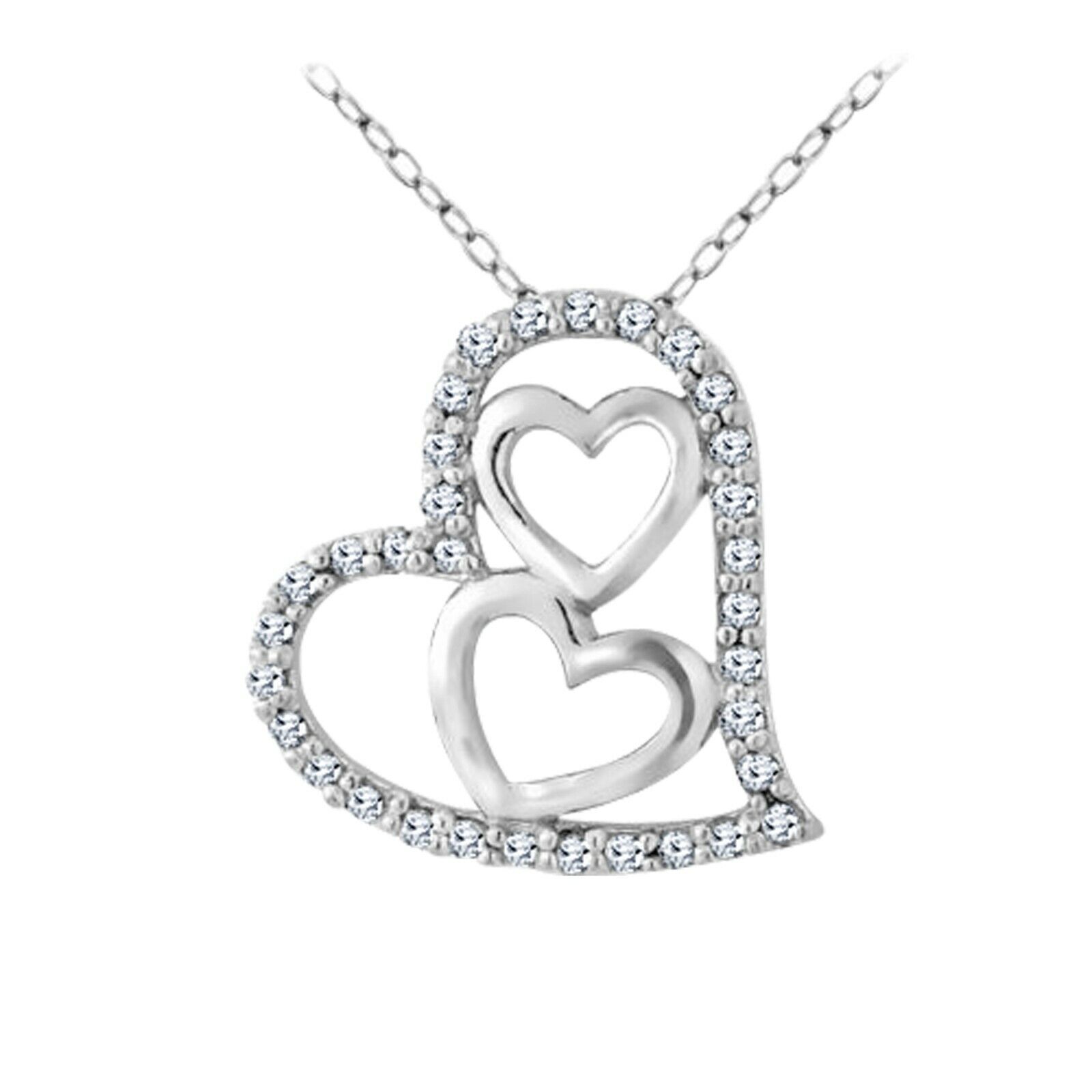 925 Sterling Silver 1/10ct Round Cz Triple Heart Pendant Necklace Valent... - $26.89