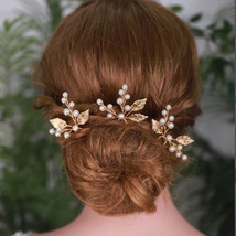 Bridal Gold Leaf Pearl Hair Pins 3pcs, Wedding Hair  Accessories, Hair J... - £11.84 GBP