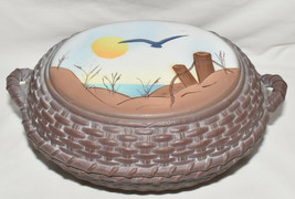 Vintage Ceramic Lidded Basketweave Box w Hand Painted Sunrise Sunset Landscape - £15.77 GBP