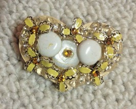  Heart Crafted Heart Pin Brooch Yellow White Amber Glass Stones Folk Art Vintage - £6.21 GBP