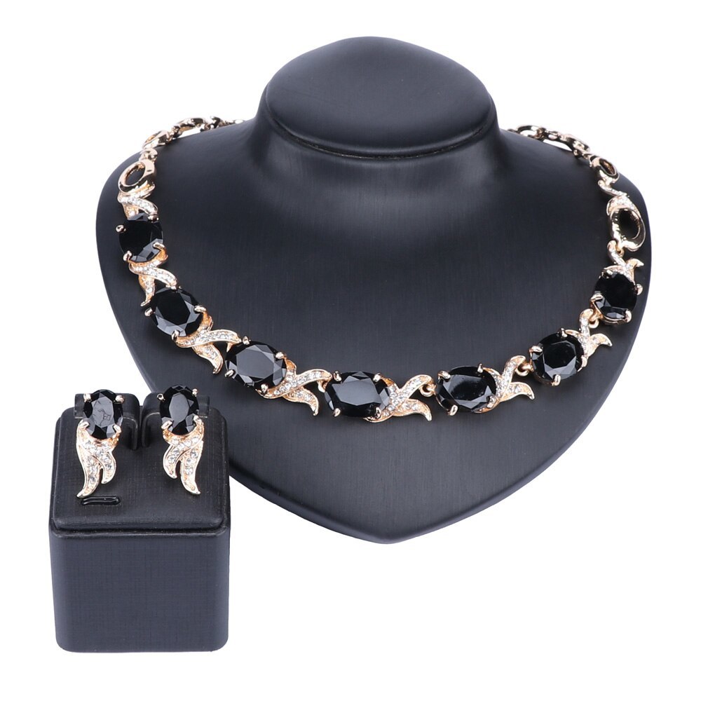 Trendy Jewelry Set Gold Color Black Crystal African Beads Necklace Bracelet Earr - £20.19 GBP
