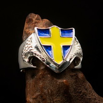 Excellent Mens Shield Ring Flag of Sweden Yellow Cross on Blue - Sterling Silver - £54.91 GBP