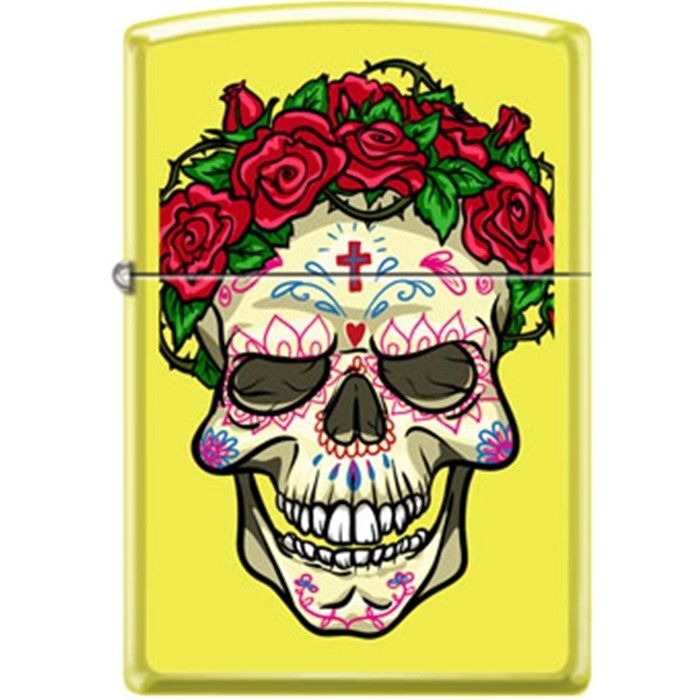 ZIPPO Skull With Roses Neon Yellow Lighter Sugar Skull Windproof Engravable New - £23.73 GBP