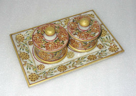 9&quot; Marble Jaipur Hand Painted Gold Handmade Bowl Tray Set For Dry Fruit Decor - £148.26 GBP