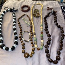 Vintage Jewelry Lot Of 8 Wood Brown Beaded Necklaces Bracelets 1 Is Kukui Nuts - £7.56 GBP