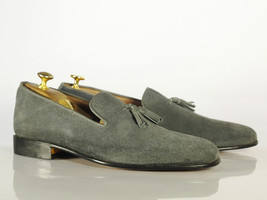 Handmade Men&#39;s Gray Suede Tassel Dress Loafer Shoes, Men Formal Designer Shoes - £115.89 GBP+