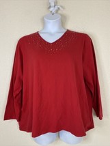 Liz &amp; Me Essentials Women Plus Size 1X Red Rhinestone V-neck T-shirt Long Sleeve - £10.85 GBP
