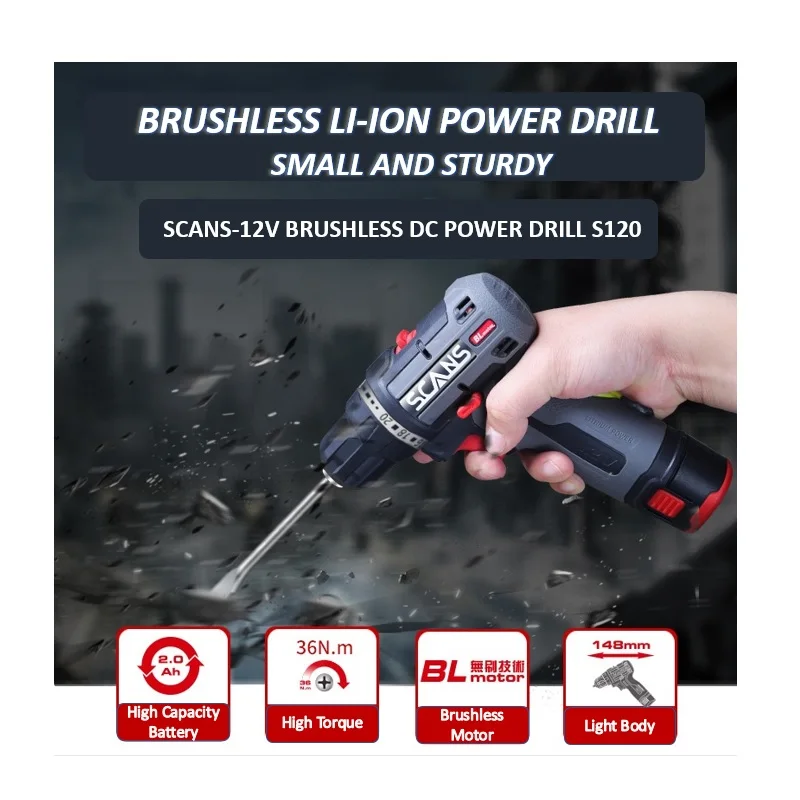 SCANS Brushless Screwdrive 12V Cordless Drill/Driver 36Nm Lithium Battery Rechar - £206.44 GBP