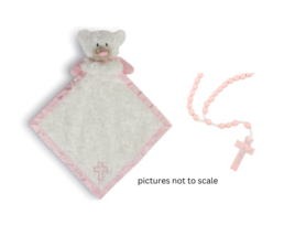 Baby Girl Baptism New Baby Gift Pink Guardian Angel Bear Blankie Plush &amp; Rosary - £14.09 GBP