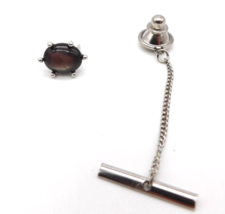 Silver Tone and Brown Oval Cabochon Stone Men&#39;s Tie Tack Pin Vintage - $12.86