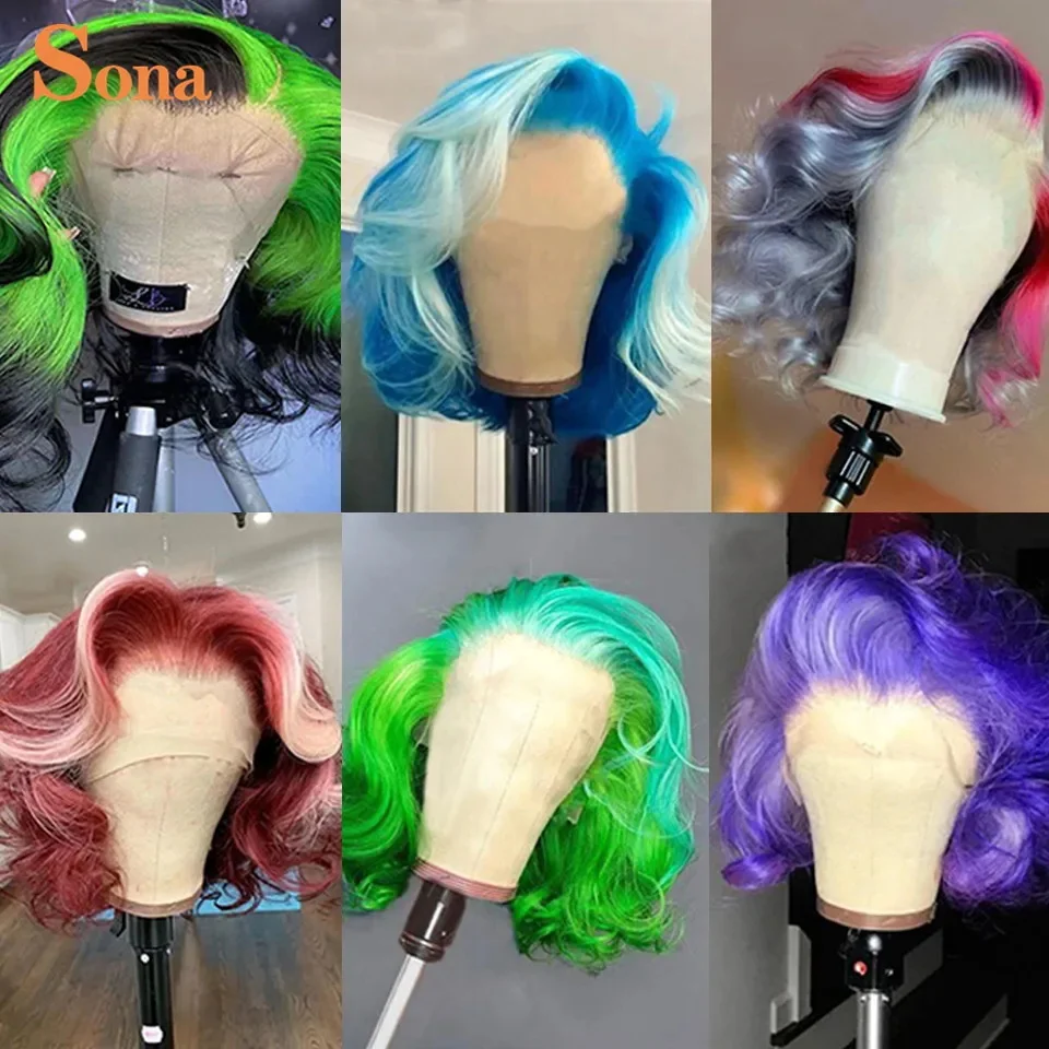 Short  Human Hair Wig Preplucked Ombre Colored Blue Green Purple Lace Front W - £100.12 GBP+